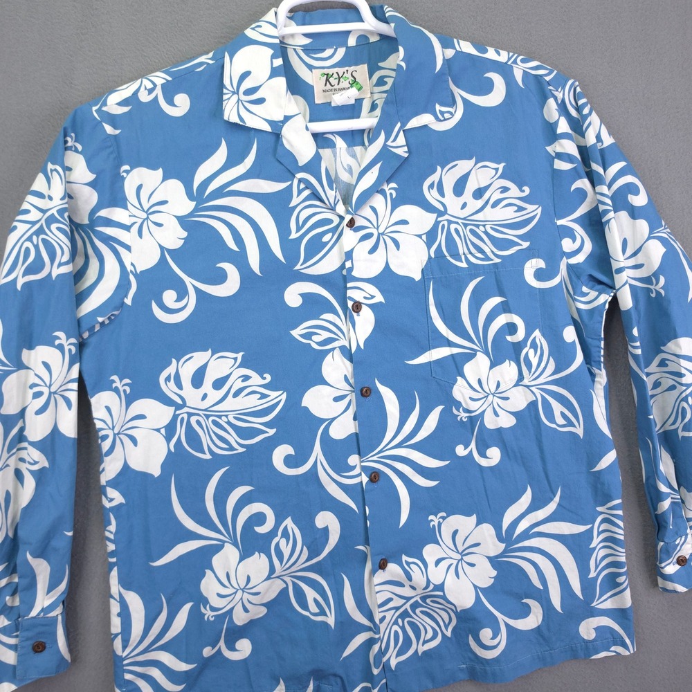 KY'S Hawaiian Shirt Floral Hibiscus Large Blue White Long Sleeve RARE Made USA
